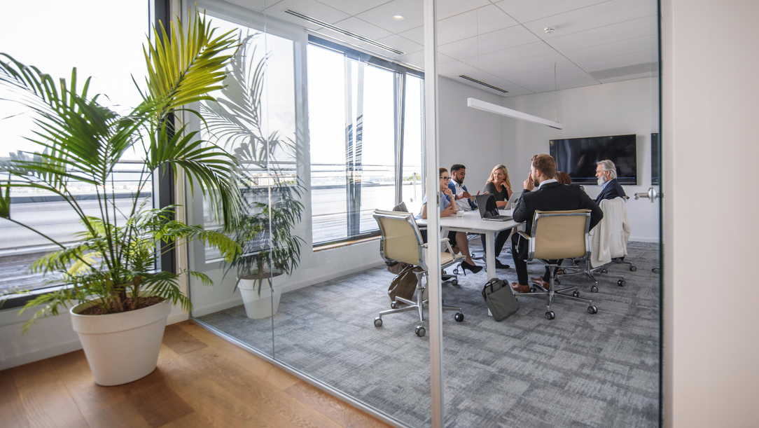Distant perspective of male and female corporate executives meeting in conference room to discuss project plans.